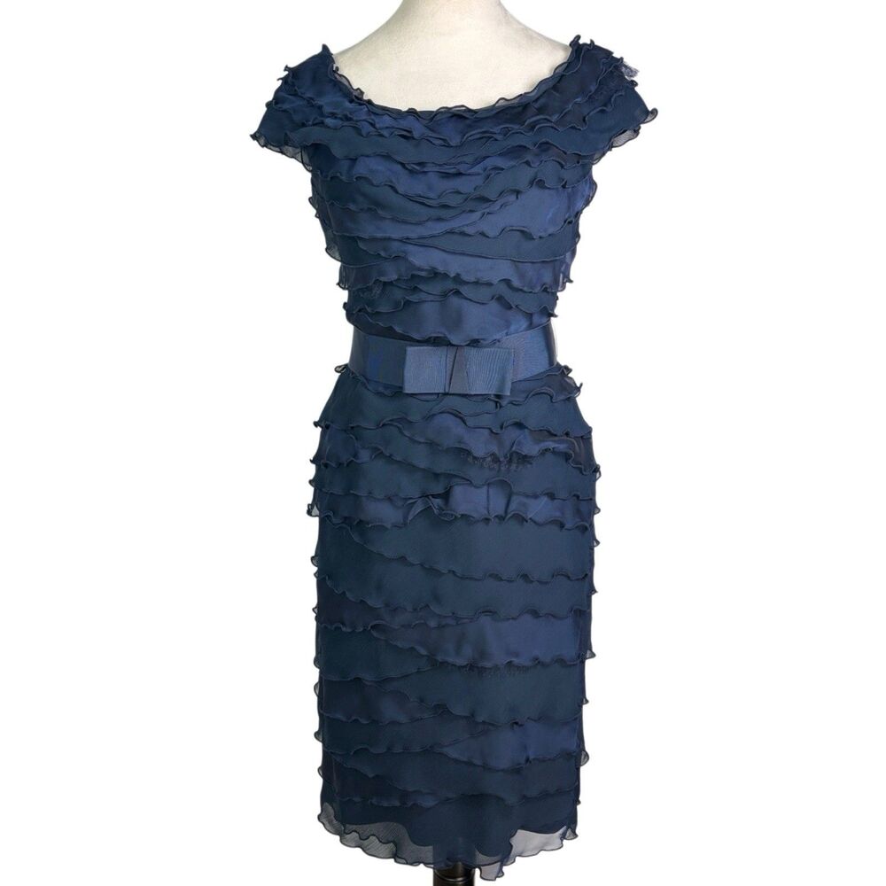 Tadashi Shoji Dress Size 8 Tiered Ruffles Belted Sleeveless Navy Blue Zipper